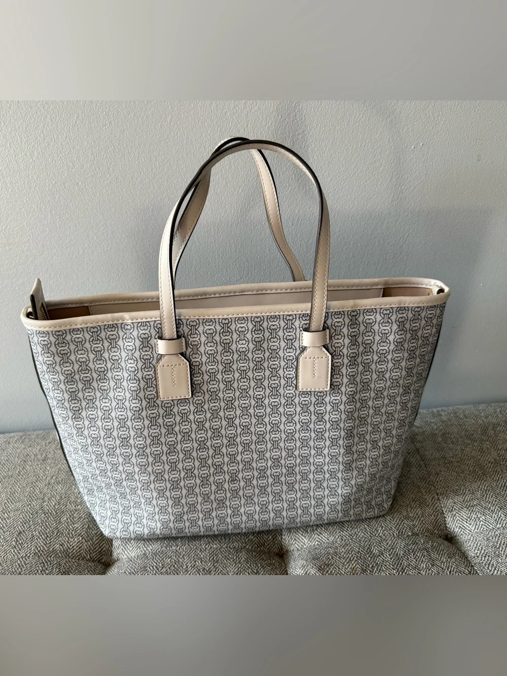 Tory Burch Cream and Light Blue Logo-Print Canvas Tote